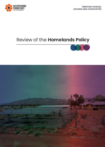A4 cover of the NT Government's report of the 2019 independent review of its homelands policy, showing a duotoned blue and purple photo of homelands infrastructure
